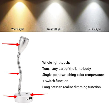 1x RV LED Reading Light DC12V 24V Smart Touch Dimmable Flexible Gooseneck Wall Lamp For Motorhome Yacht Cabin with USB port