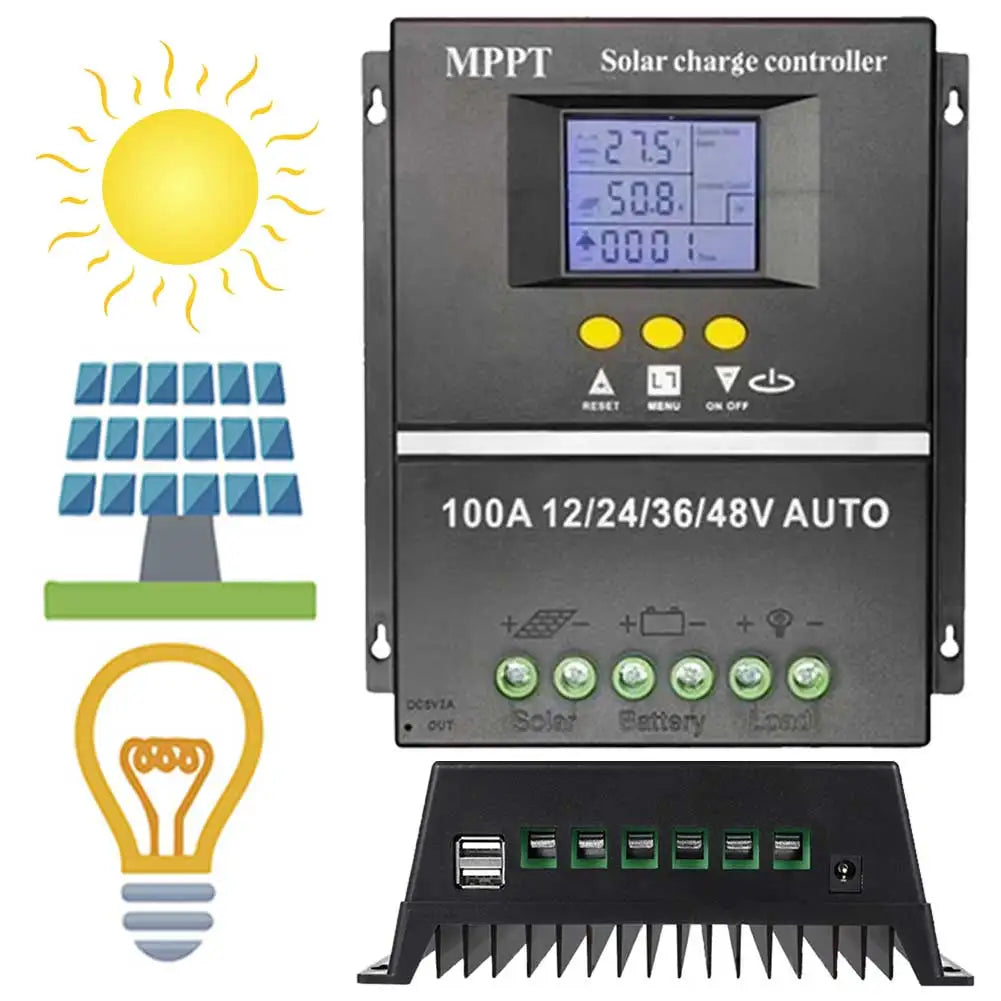 100A MPPT Solar Charge Controller LCD Display Solar PV Battery Charger Dual USB 12V 24V 36V 48V Auto Solar Charge Controller