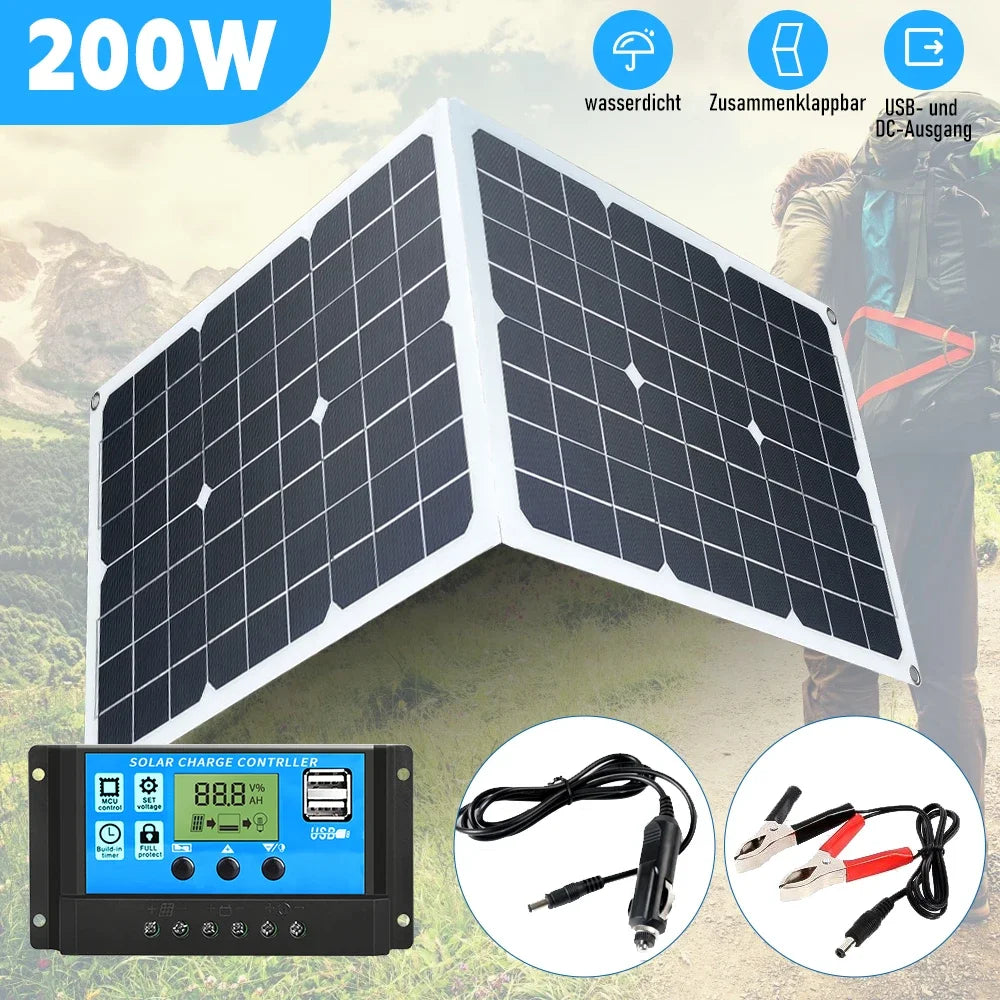 200W Foldable Solar Panel 12V Solar Cell with 100A Controller USB Battery Charger Solar Panel Kit for Phone RV Car Charging