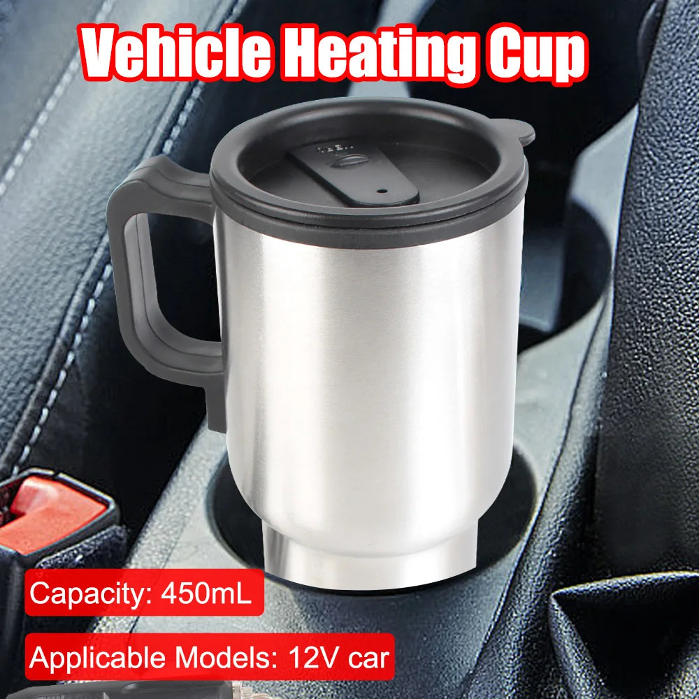 Camping Travel Kettle Water Coffee Milk Thermal Mug Vehicle Heating Cup Electric Heating Car Kettle 12V 450ml Stainless Steel