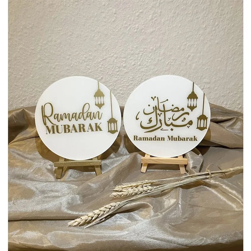 2pcs Ramadan Mubarak Acrylic Sign Table Centerpiece Decor Ramadan Kareem Eid Mubarak Muslim Islam Ramazan Eid Decor Easel