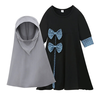 2Pcs Muslim Ramadan Sets Children Girls Prayer Dresses Hijab Abaya Arab Kids Long Khimar Robe with Headscarf Islamic Kaftan Gown