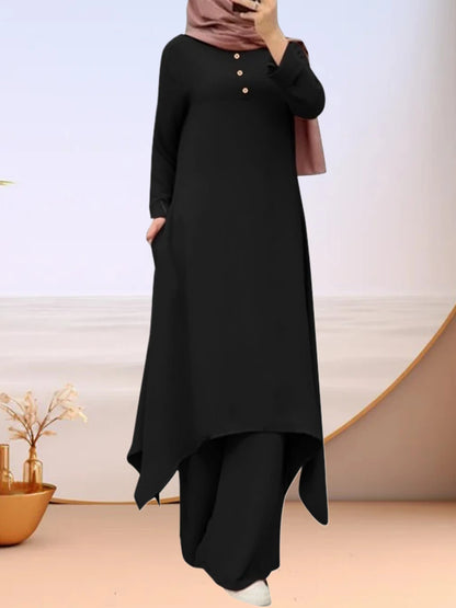 Traf Muslim Pants Suit Women Long Sleeve Blouse Abaya Loose Matching 2-pc Set Solid Bottoming Shirts Fashion Clothing StreetWear