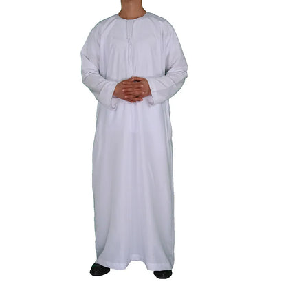 Muslim Men Clothing Galabia Islam Thobe Oman Robes Pocket Design Round Neck Saudi Arabia Qamis Man Solid Color Off-white Abaya