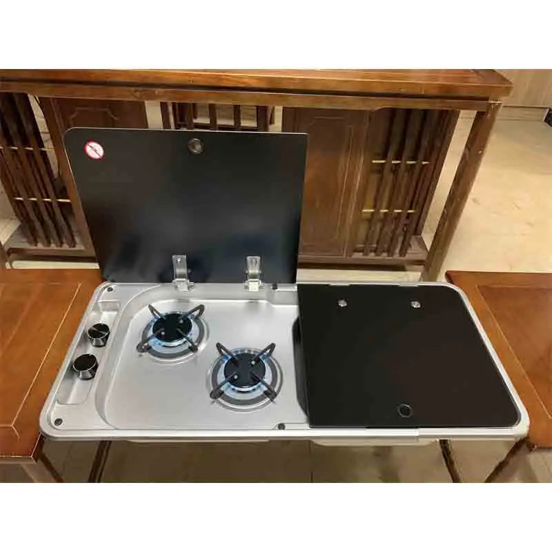 RV Gas Stove Two Burner Rectangular Stainless Steel Sink Combi with 2 Glass Lid 2.18KW 0.8MM Thickness for Car Kitchen