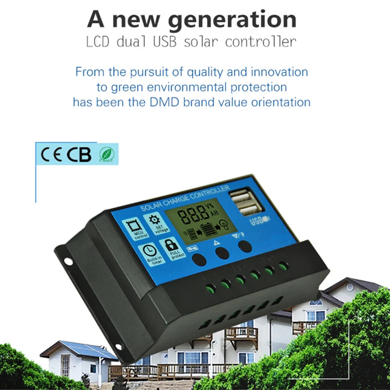 10A 20A 30A PWM Solar Charge Controller 12V/24V Solar Regulator USB 5V Panel Battery Regulator Intelligent LCD Display