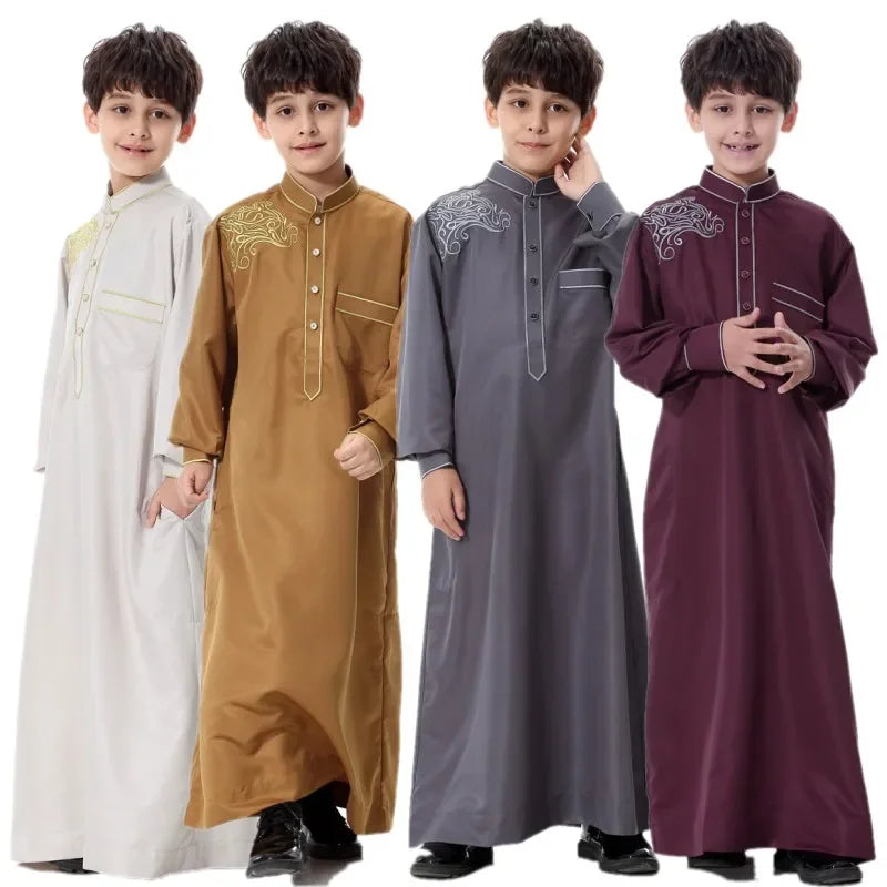 Ramadan Muslim Children Solid Robe Luxury Embroidery Islamic Arab Boys Abaya Singel-Breasted Long Sleeve Dress Dubai Jubba Thobe