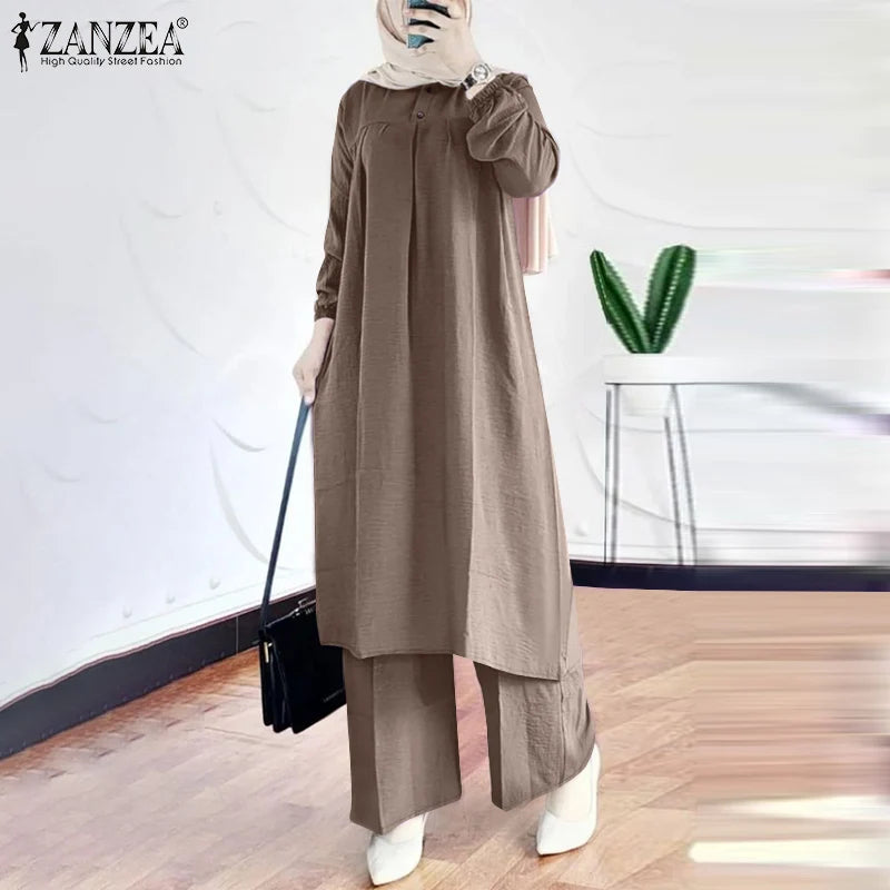 ZANZEA Women Casual Loose 2-Piece Suits Muslim Islamic Autumn Wide Leg Trouser Long Sleeve Long Blouse 2pcs Outfits Pant Sets