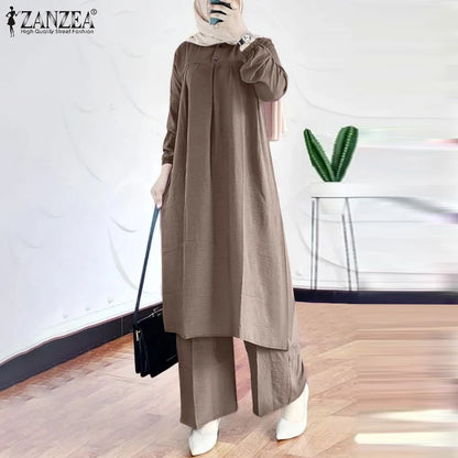 ZANZEA Women Casual Loose 2-Piece Suits Muslim Islamic Autumn Wide Leg Trouser Long Sleeve Long Blouse 2pcs Outfits Pant Sets