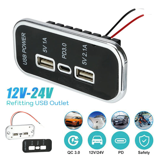 12V 24V USB Outlet 3 Ports Fast Charger USB PD Type-C Power Socket Adapter For RV Marine Boat Motorhome Caravan Surface Mount