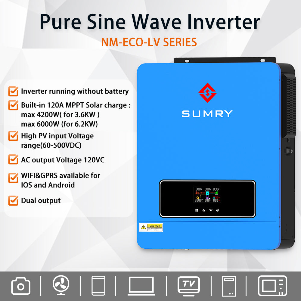 Sumry 3.6kw Hybrid Solar Inverter 110/120v 24v Dual Output with MPPT 120A 60-450v 50/60hz Home Inversor Pure Sine Wave