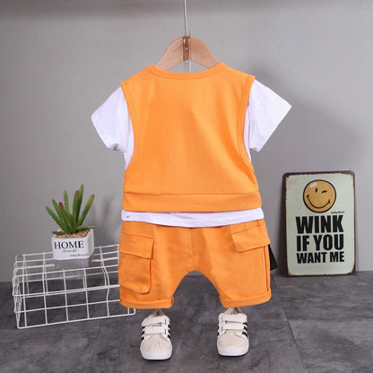 Boys' Patchwork Crewneck Short-sleeved Suit Shorts