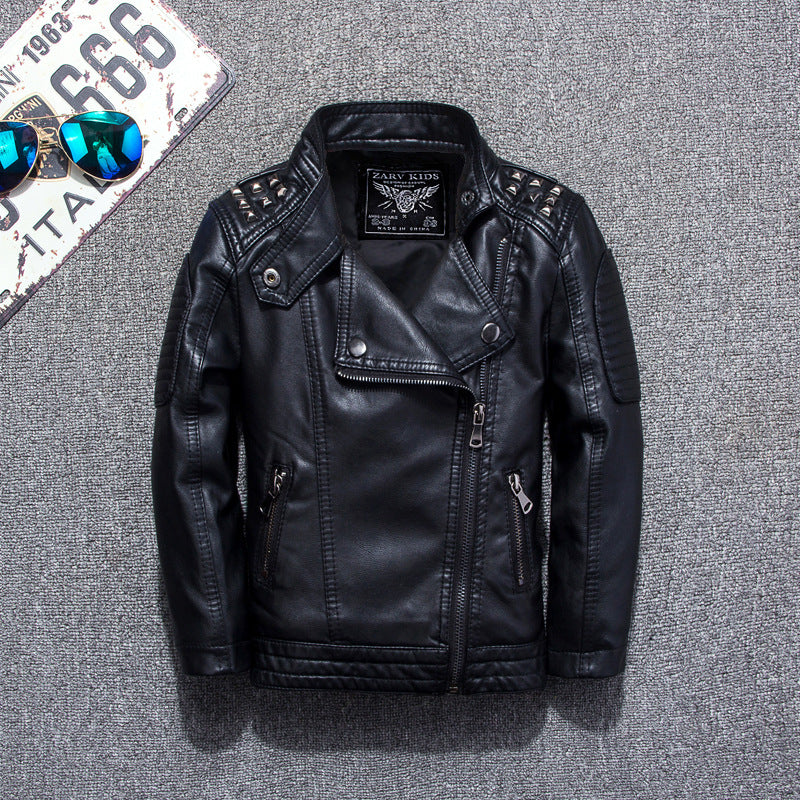 Boys' Fashion Casual Solid Color Leather Jacket