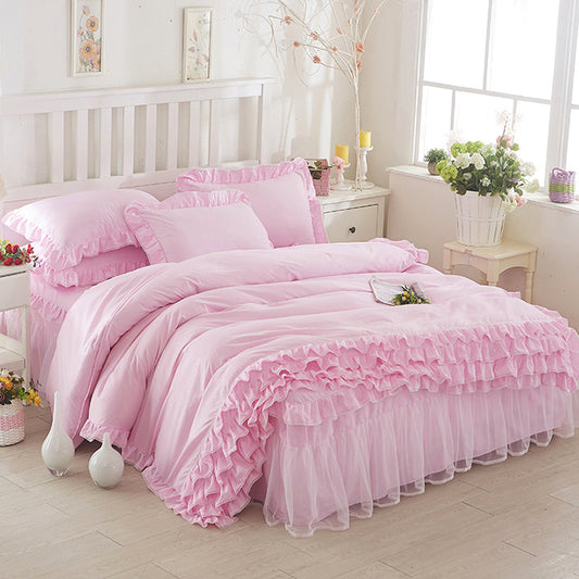 Princess Lace Bed Skirt-style Bedspread Style Four-piece Solid Color Lace