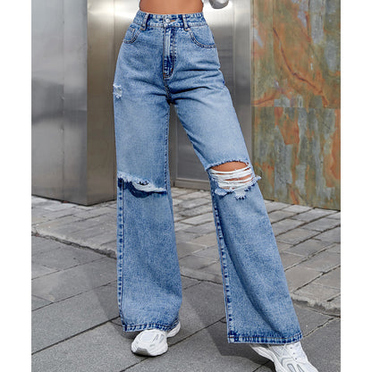 Women's Fashion Holes High Waist Casual Denim Trousers