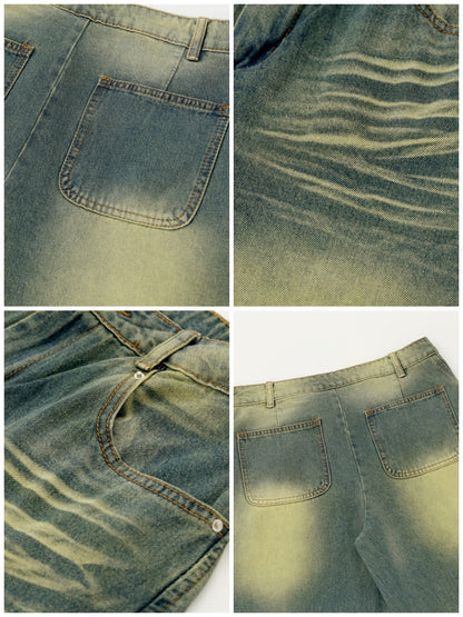 Washed Yellow Blue Patchwork Micro Harlan Denim Pants