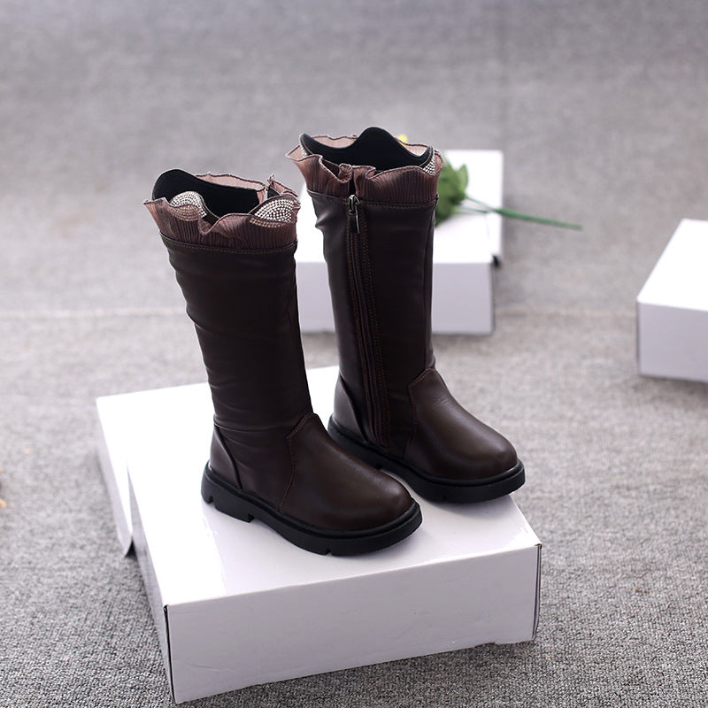 Two Cotton Long Tube Plus Cashmere Girls Children's Leather Boots