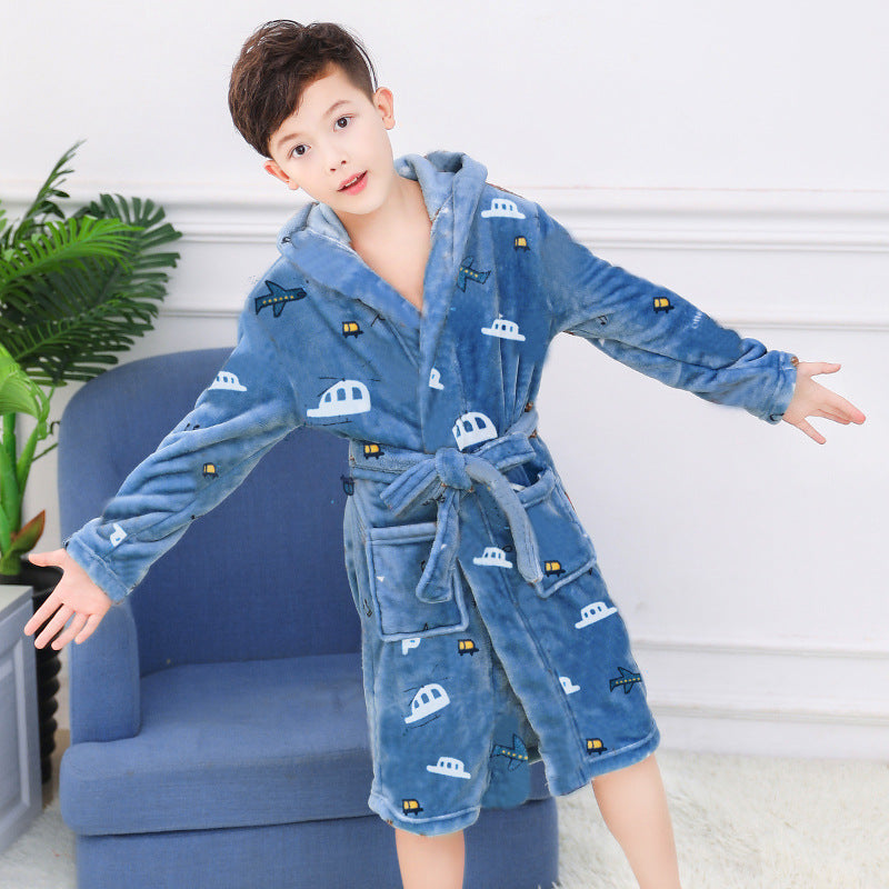 Children's Nightgown Boy's Bathrobe Flannel Thickened Coral Fleece Pajamas Home Service