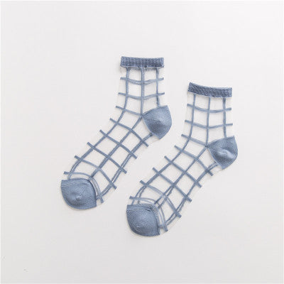 Spring And Summer New Women's Socks Japanese Style Plaid Ultra-thin Transparent