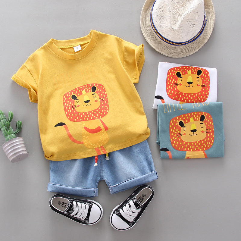 Boy Cartoon Lion Print Round Neck Short Sleeve T-Shirt Setsale