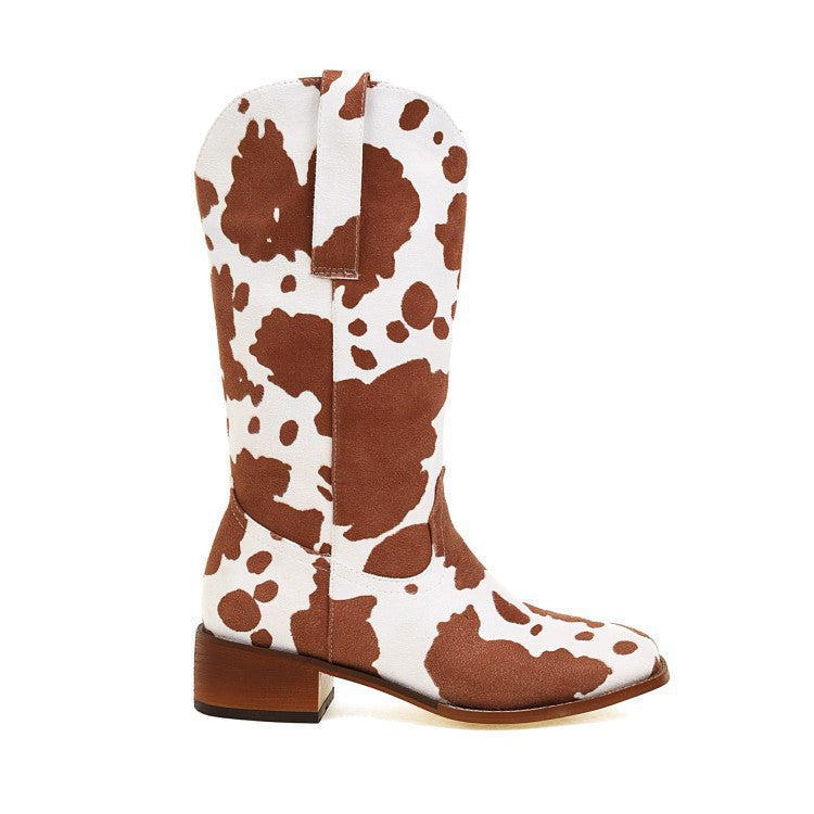 Women's Vintage Cow Print Block Heel Plus Size Rider Boots