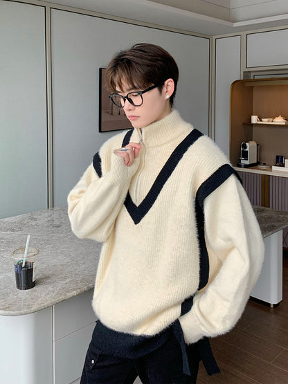 Collar Polo Shirt Men's Loose Winter Color Mohair Knitted Sweater