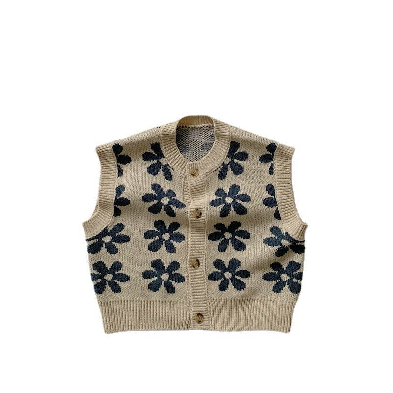 Children's Vest Retro Flower Knitted Jacket Korean Style Sweater