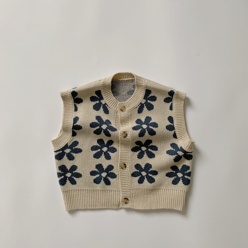 Children's Vest Retro Flower Knitted Jacket Korean Style Sweater