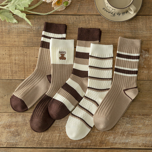 Women's Fashion Simple Coffee Color With Stripes All-matching Embroidered Cotton Socks