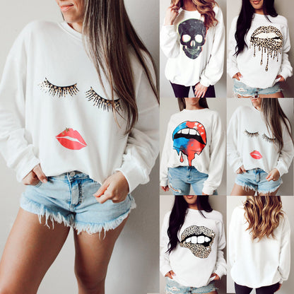 Round Neck Eyelashes Lip Printings Long Sleeve Loose Sweatshirt