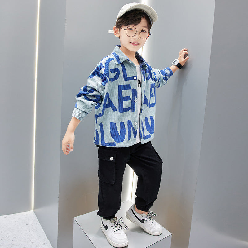 Fashion Simple Children's Corduroy Letter Shirt