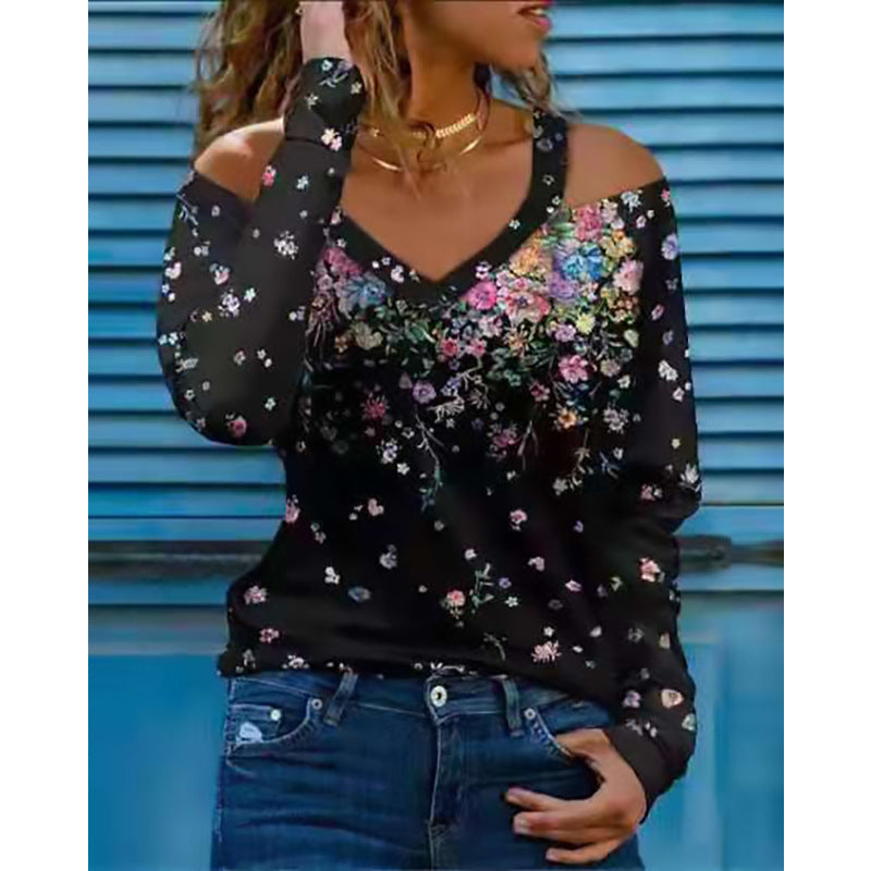 Fashion Long Sleeve V-neck Strapless Floral Ladies T-shirt