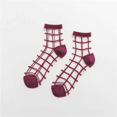 Spring And Summer New Women's Socks Japanese Style Plaid Ultra-thin Transparent