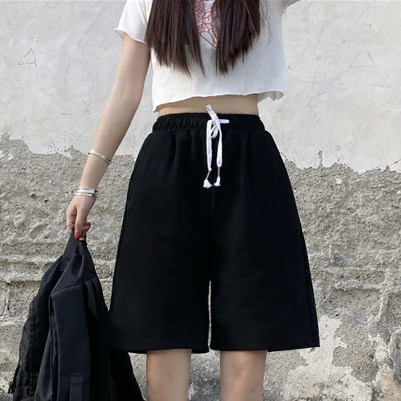 Summer New Loose High Waist Slimming Black Wide-leg Sports Shorts For Women