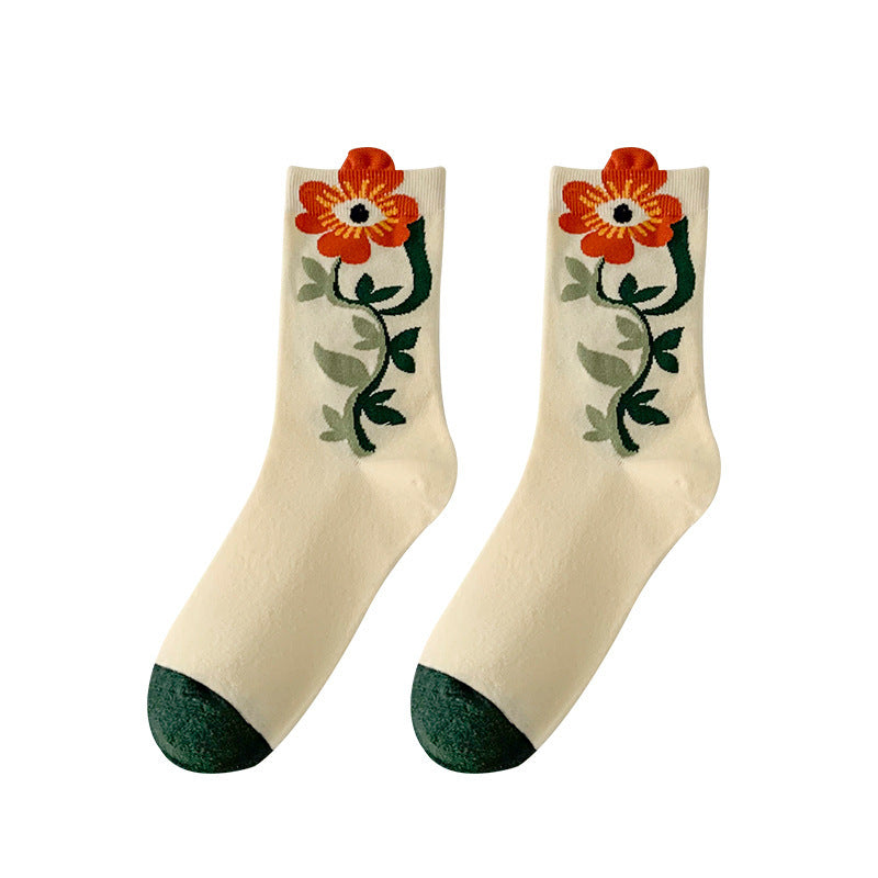 Retro Japanese Tube Socks Women's Flower Relief Three-dimensional