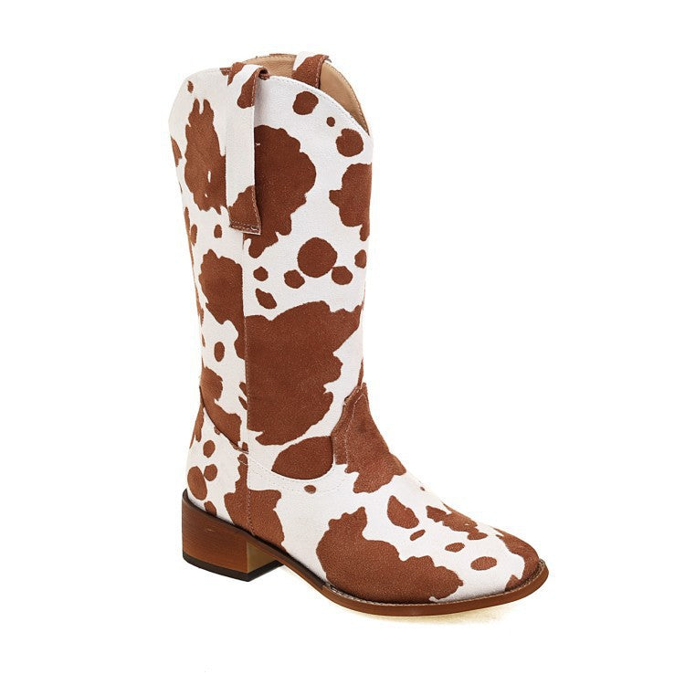 Women's Vintage Cow Print Block Heel Plus Size Rider Boots