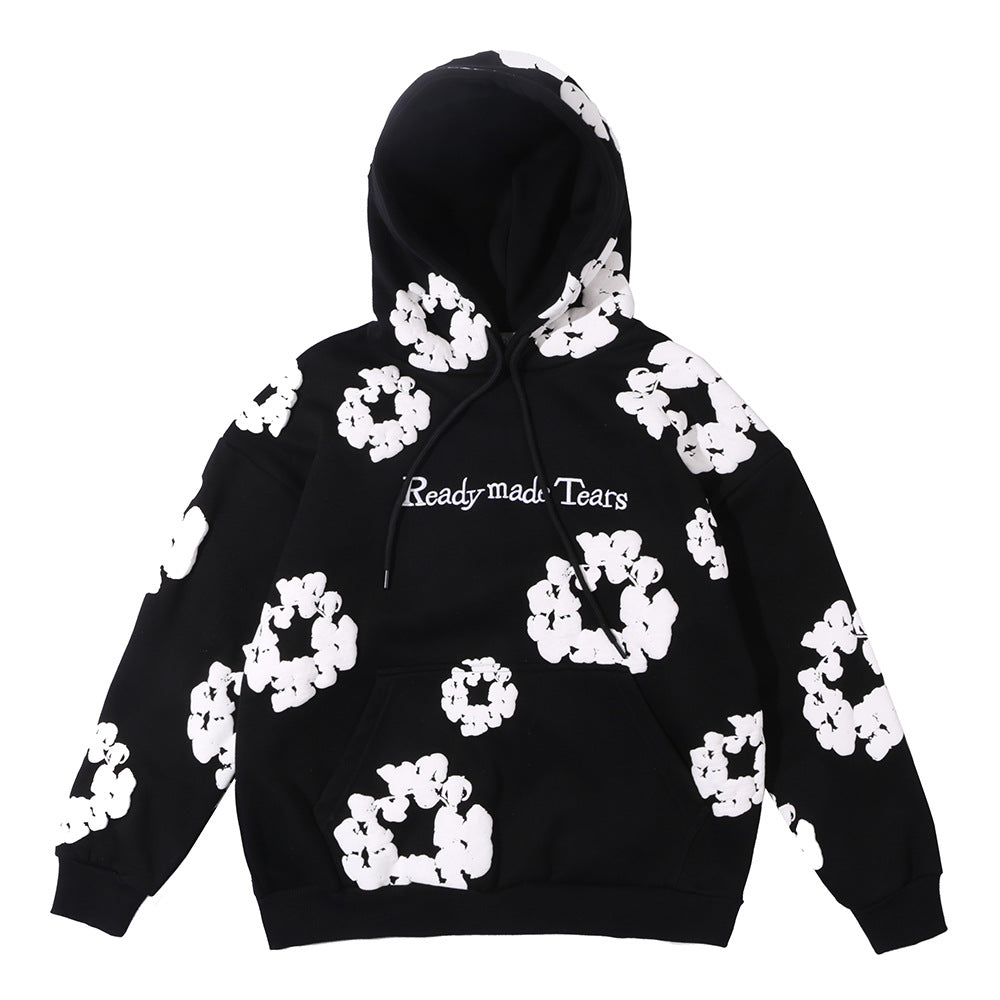 Men's Floral Pattern Plush Hooded Sweater