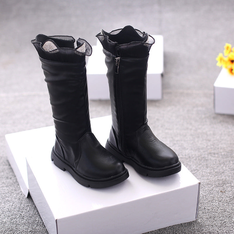 Two Cotton Long Tube Plus Cashmere Girls Children's Leather Boots