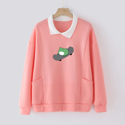 Casual Printed Pocket Skateboard Frog Map Fleece Sweater Female