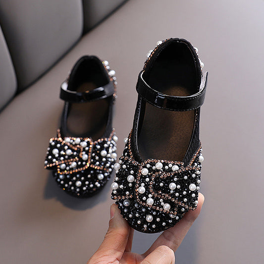 Girls Soft Sole Princess Bow Rhinestone Small Leather Shoes