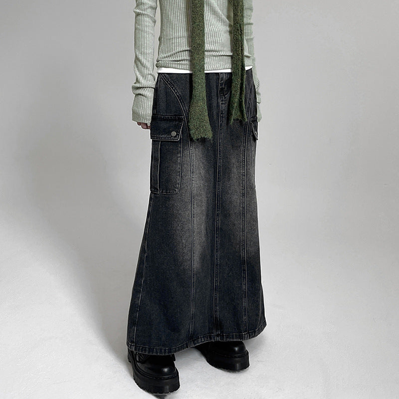 Women Gradually Change Color And Split Open Denim Skirt