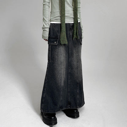 Women Gradually Change Color And Split Open Denim Skirt