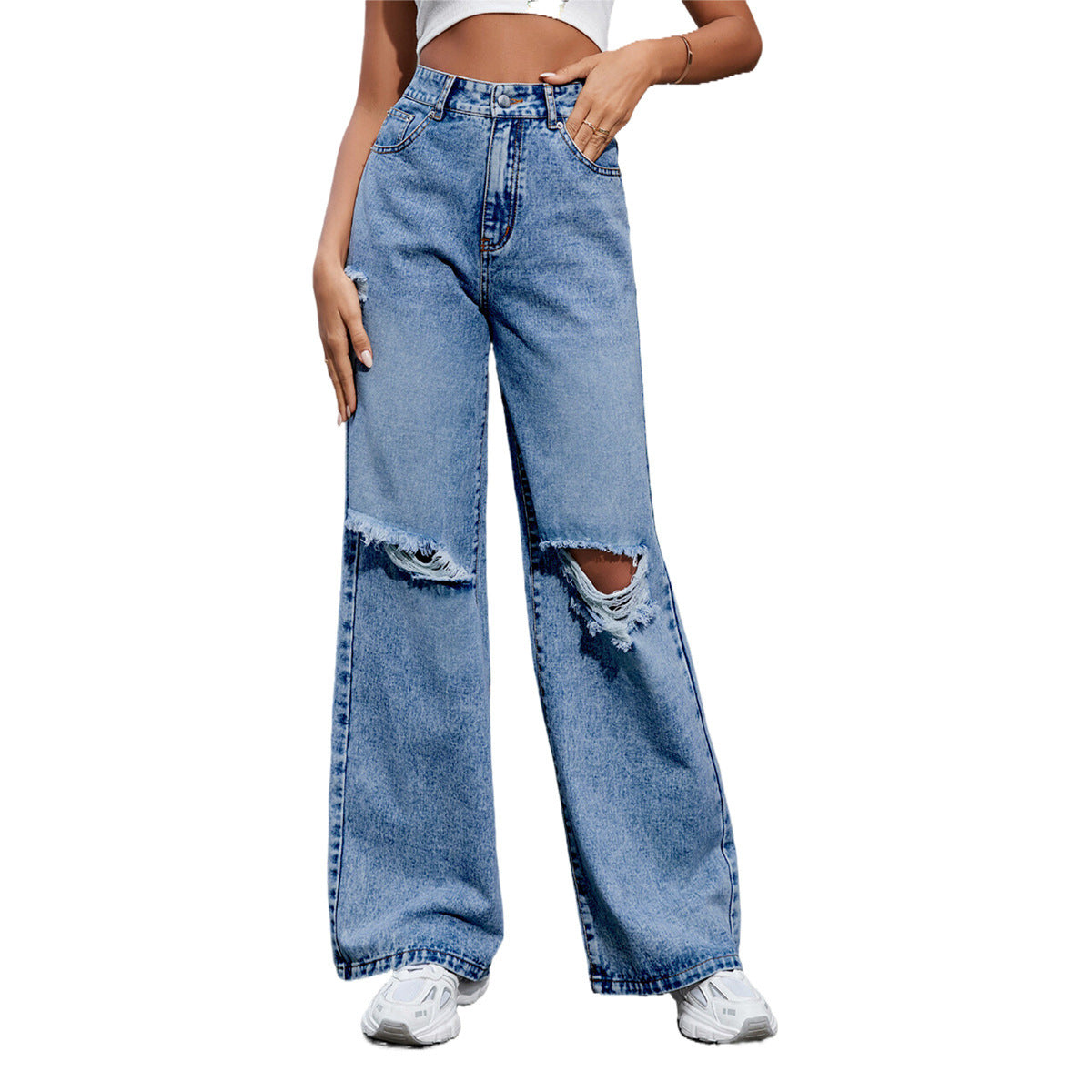 Women's Fashion Holes High Waist Casual Denim Trousers