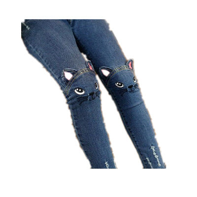 Girls' Children's Clothing Children's Cartoon Cat Embroidery Spring And Autumn Jeans Pencil Pants