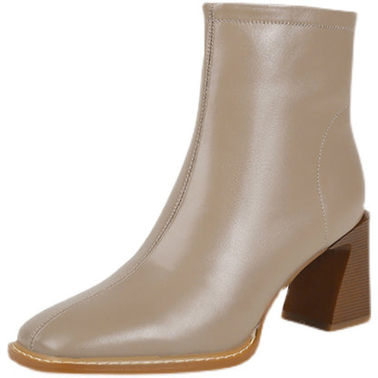 Women's Square Toe Chunky Heel Leather Ankle Boots