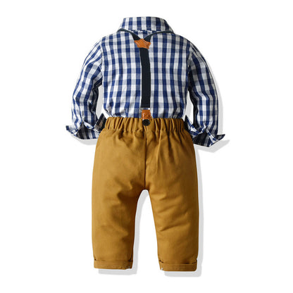 Korean Style Plaid Long-sleeved Boy Cotton Shirt Bib Two-piece Suit