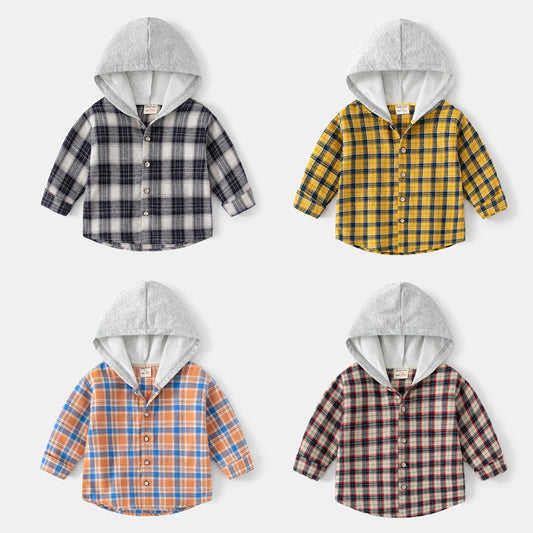 Korean Style Children's Long-sleeved Shirt Baby Plaid Hooded Shirt Trendy