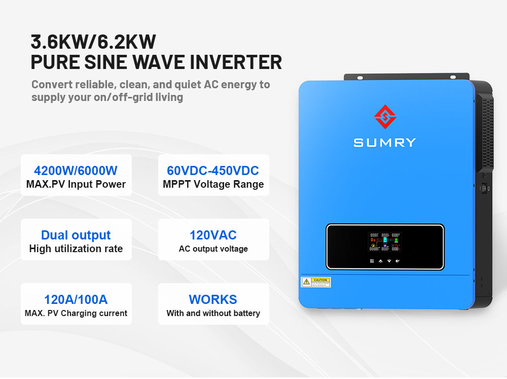 Sumry 3.6kw Hybrid Solar Inverter 110/120v 24v Dual Output with MPPT 120A 60-450v 50/60hz Home Inversor Pure Sine Wave