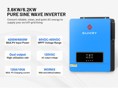 Sumry 3.6kw Hybrid Solar Inverter 110/120v 24v Dual Output with MPPT 120A 60-450v 50/60hz Home Inversor Pure Sine Wave