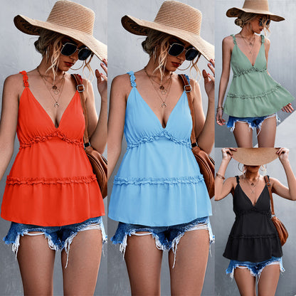 V-neck Strap Ruffled Small Tank Top Top